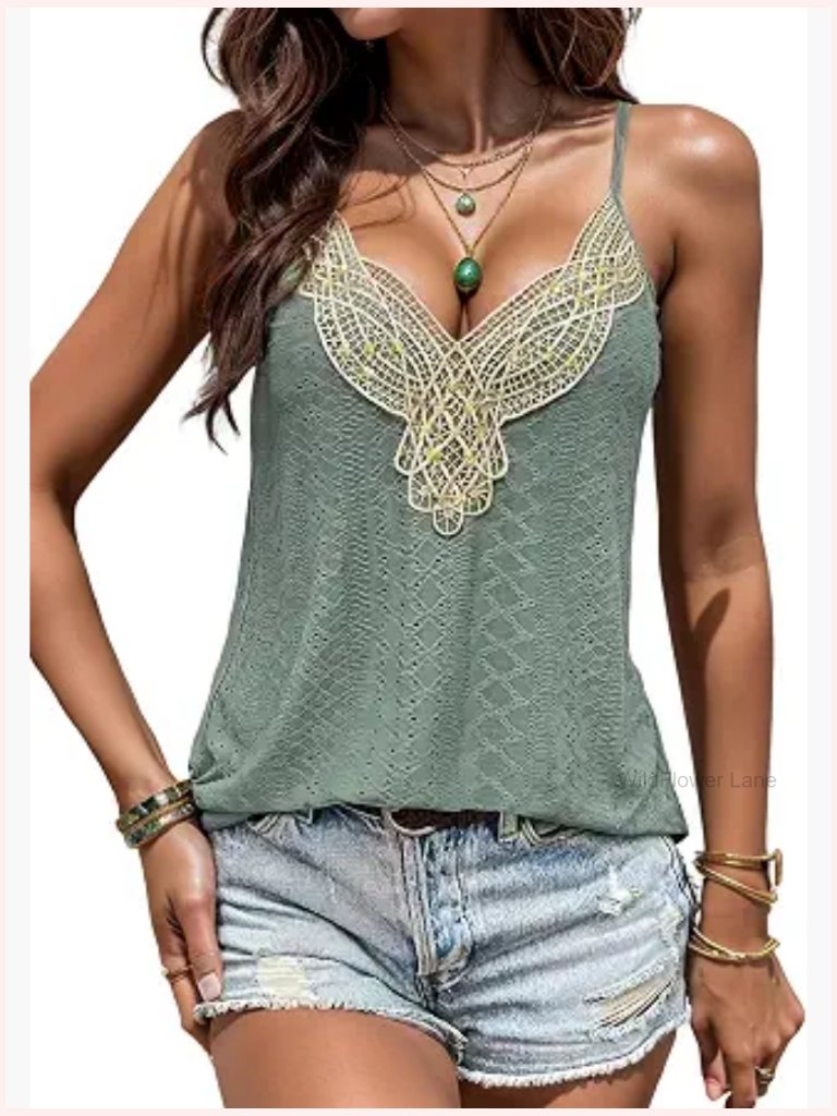 Eyelet Lace V-Neck Tank Top Boho Summer Camisole